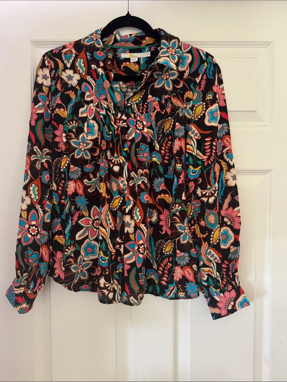 Boden Floral Boho Button Front Blouse Size 4 Black Pink Orange Teal Yellow cream
